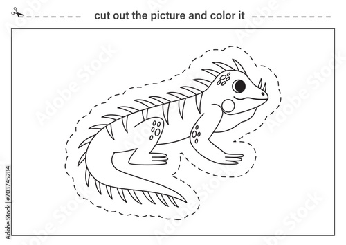 Cutting practice for kids. Black and white worksheet. Cut out cartoon iguana.