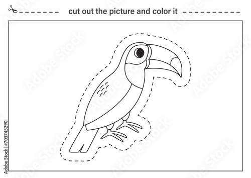 Cutting practice for kids. Black and white worksheet. Cut out cartoon toucan bird.