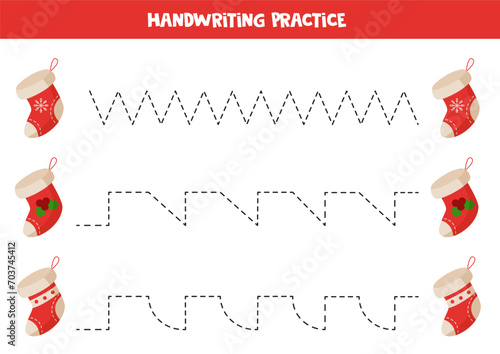 Tracing lines for kids. Cartoon Christmas stockings. Handwriting practice.