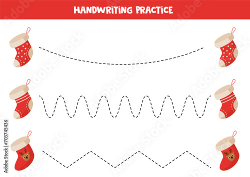 Tracing lines for kids. Cartoon Christmas stockings. Handwriting practice for children.