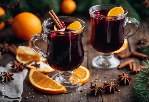 Christmas mulled wine or gluhwein with spices and orange slices on rustic table traditional drink