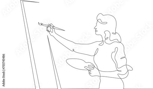 A woman artist paints. A girl paints a picture with a brush on canvas. One continuous line drawing. Linear. Hand drawn, white background. One line