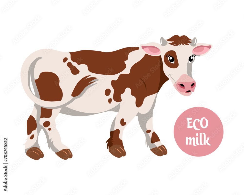 Cute spotted cow with the word Eco milk. Illustration in flat style, vector