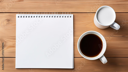 Office table with cup of coffee, keyboard and notepad on wooden background
