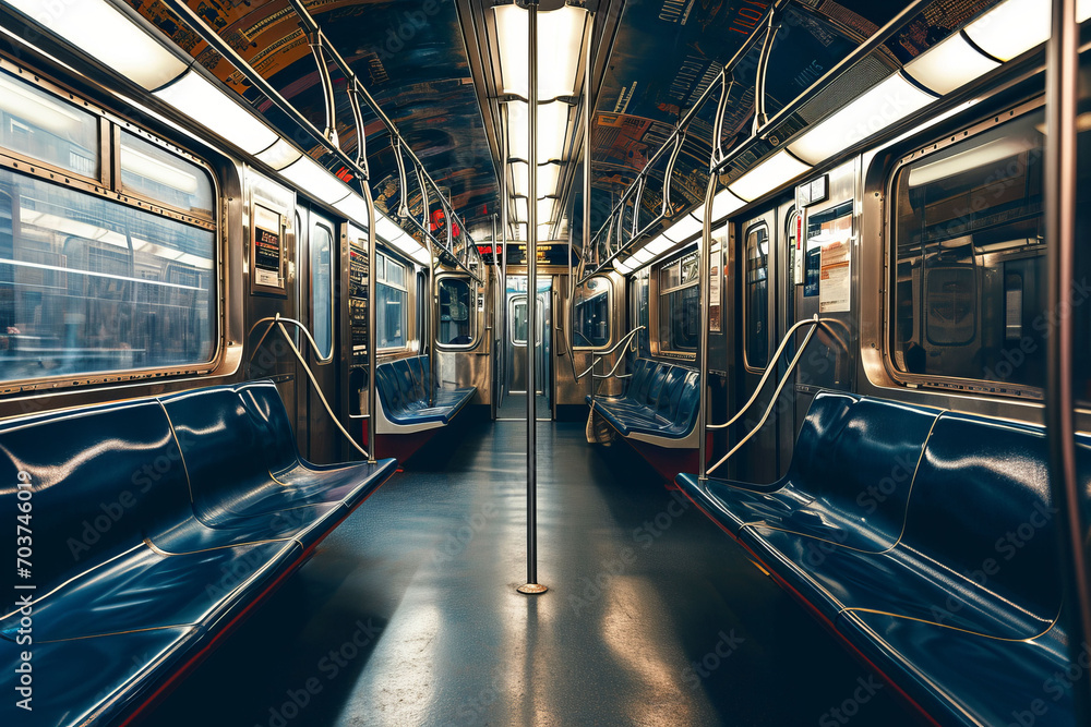 Subway car interior without people. AI generative