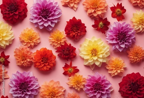 Colorful autumn dahlia flowers on pastel table with copy space for your text top view and flat lay