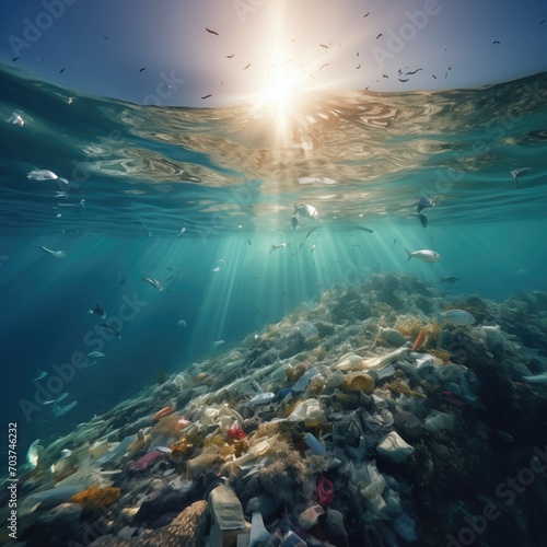 underwater view of the Ocean pollution. Ecological problem