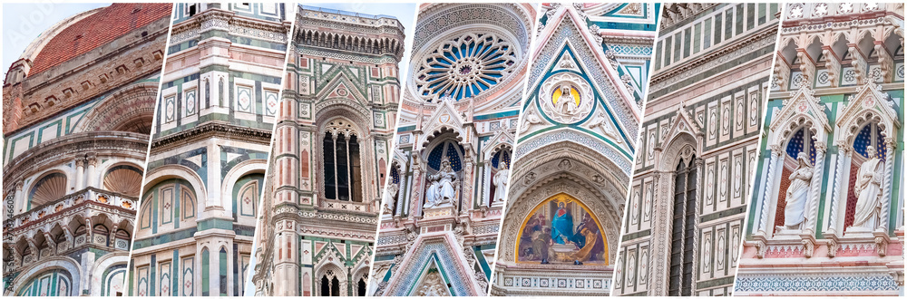 Details of the exterior of the Santa Maria del Fiore Cathedral of Saint Mary of the Flower - the main church of Florence at Tuscany, Italy.