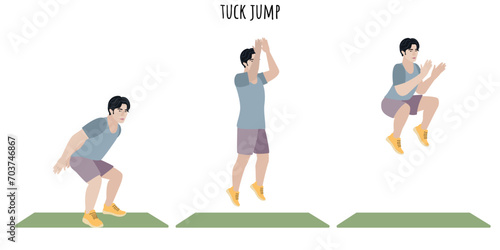 Asian young man doing tuck jump exercise