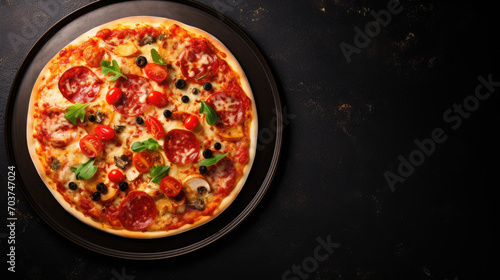 Italian pizza on dark background Copy space of your text. Banner