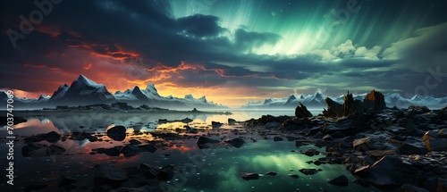 Aurora borealis landscape with mountains and rocks in water