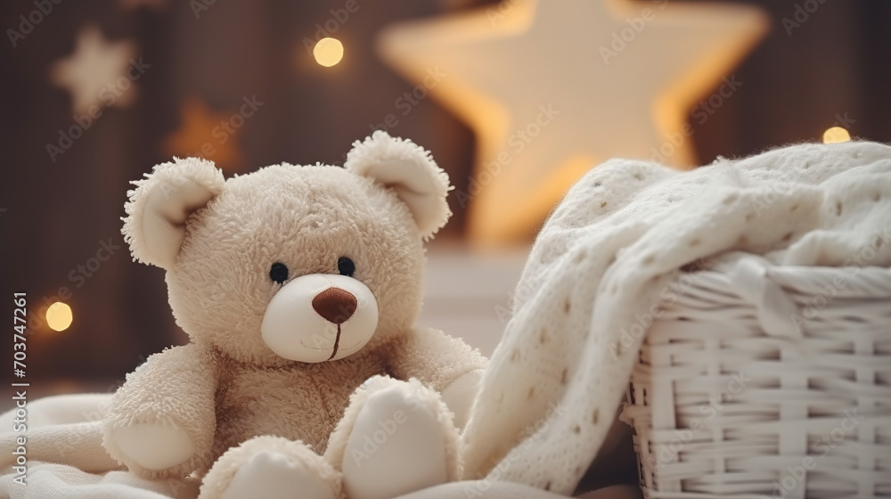 Christmas decor, teddy bear close-up on the background of a cozy interior Christmas decor, teddy bear close-up on the background of a cozy interior