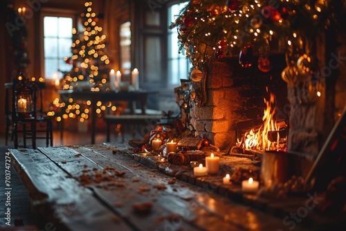 fireplace with christmas decorations, cosy home interior background Table top with blurred fireplace