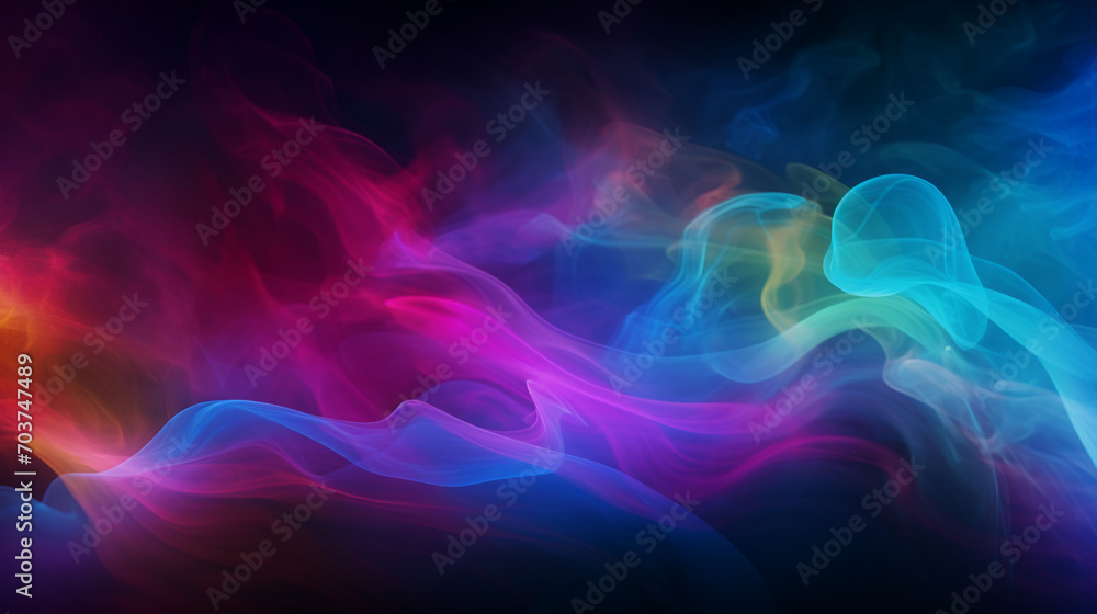 Obraz premium Neon Fog Panorama: Abstract Colorful Cloudiness on Black