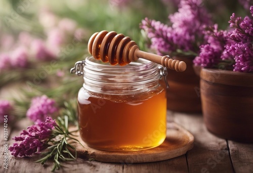 Delicious fresh honey in pot or jar and flowers heather on wooden vintage background