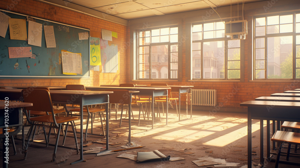 Sunny Serenity: Empty Classroom in the School Sunshine Sunny Serenity: Empty Classroom in the School Sunshine