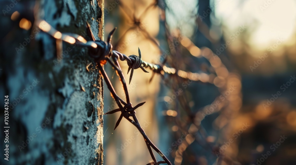 Barbed wire in prison. Steel fencing wire constructed with sharp edges or points arranged at intervals along the strands. Barb wire - obrazy, fototapety, plakaty 