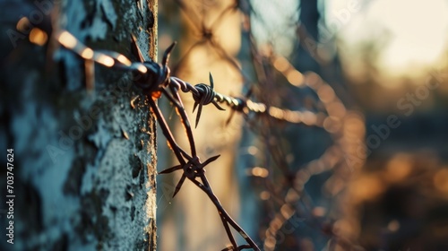 Barbed wire in prison. Steel fencing wire constructed with sharp edges or points arranged at intervals along the strands. Barb wire photo