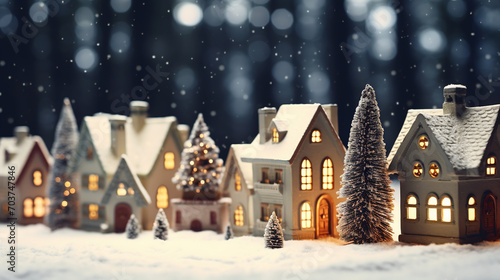 Christmas miniature with houses and spruce forest, Christmas and New Year concept