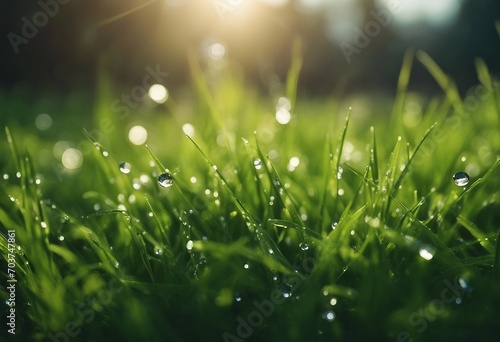 Fresh green grass with dew drops in morning sunny lights Beautiful nature landscape with water drop