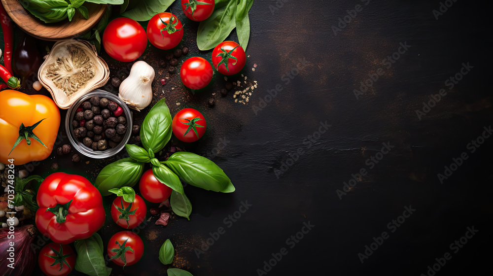 Italian food ingredients on dark background .Food ingredients for italian pasta, spaghetti on black stone slate background. Copy space of your text. Banner