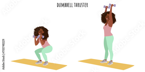 Young woman doing dumbbell thruster exercise photo