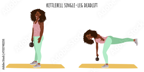 Young woman doing kettlebell single-leg deadlift