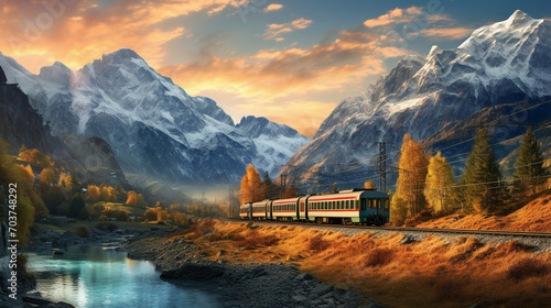 Scenic Rails: Sunrise Splendor with Train in the Alpine Landscape photo