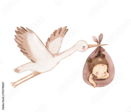 Watercolor stork with baby illustration for kids