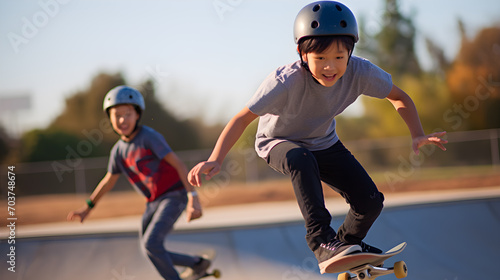 Teenagers and friends Use your free time during the holidays. Exercise by skateboarding.