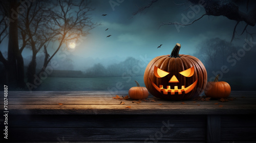 Jack O Lantern Spectacle.Halloween Darkness and Candles,Scary Faces in Wood.Halloween Pumpkin Set Background.AI Generative 