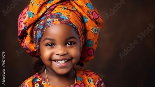 little  black girl with turban, landscape in the background, Black History Month. Generative AI photo