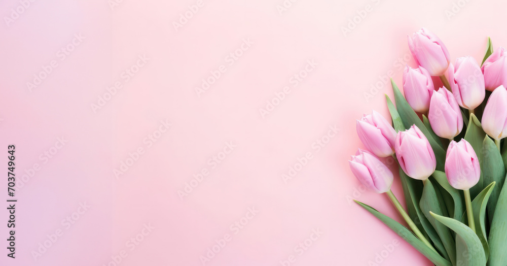Delicate Pink Tulips on Soft Pastel Background - A fresh bouquet of spring tulips gracefully arranged at the corner, symbolizing gentle elegance Delicate Pink Tulips on Soft Pastel Background - A fresh bouquet of spring tulips gracefully arranged at the corner, symbolizing gentle elegance