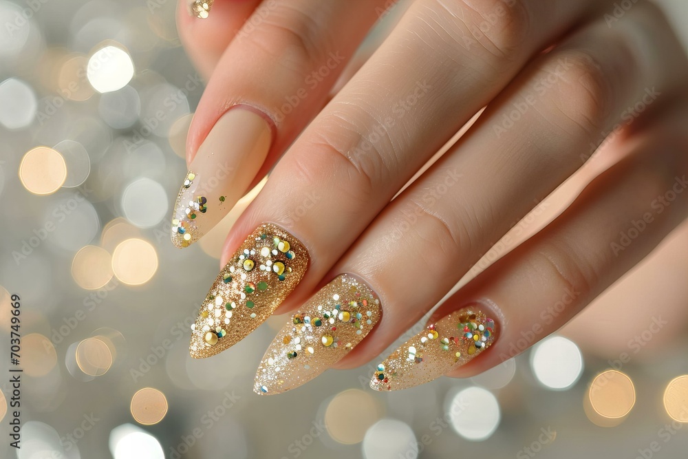 Women hands with perfect manicure, festive bedazzled with crystals nails, gold, shiny, nail salon ad Women hands with perfect manicure, festive bedazzled with crystals nails, gold, shiny, nail salon ad