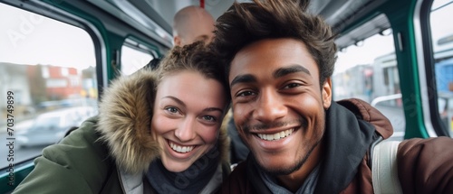 A happy interracial couple enjoys a bus trip to go on vacation © Alvaro