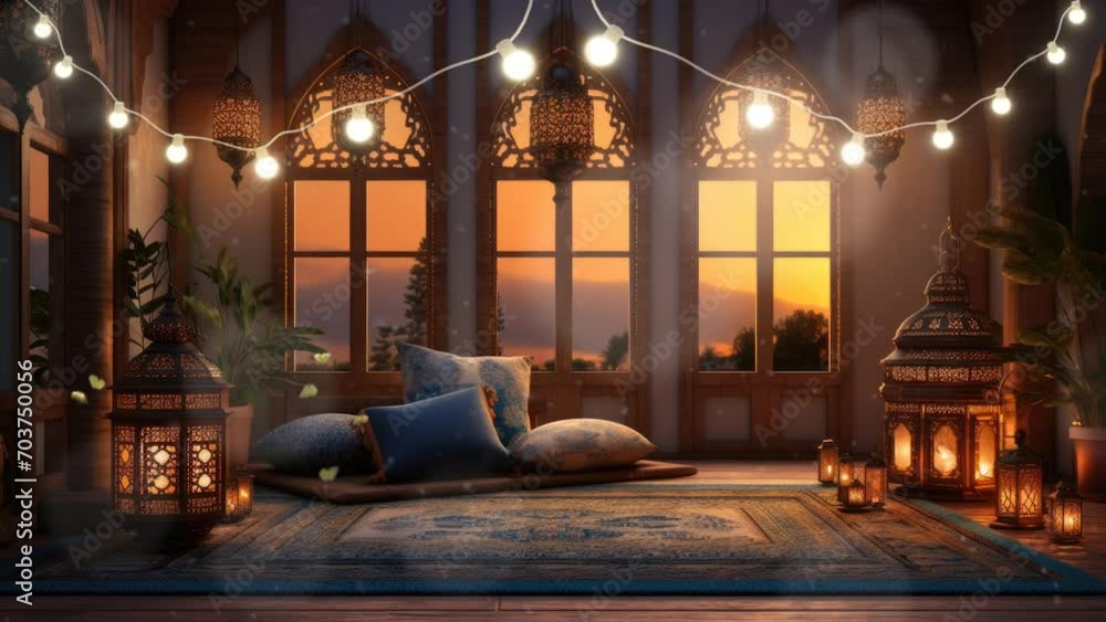 ramadan night in the living room with lantern. seamless looping time-lapse virtual 4k video animation background. ramadan night in the living room with lantern. seamless looping time-lapse virtual 4k video animation background.