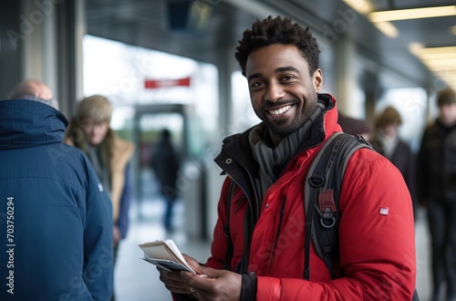 Smiling black man buying train tickets to go on vacation