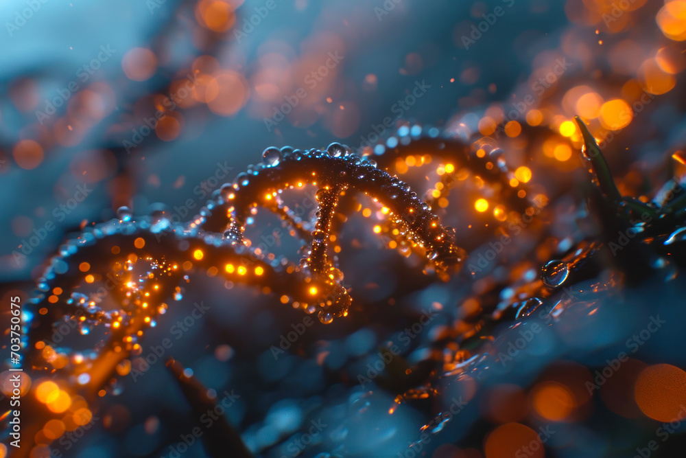 Close-up DNA Helix Structure with Droplets.