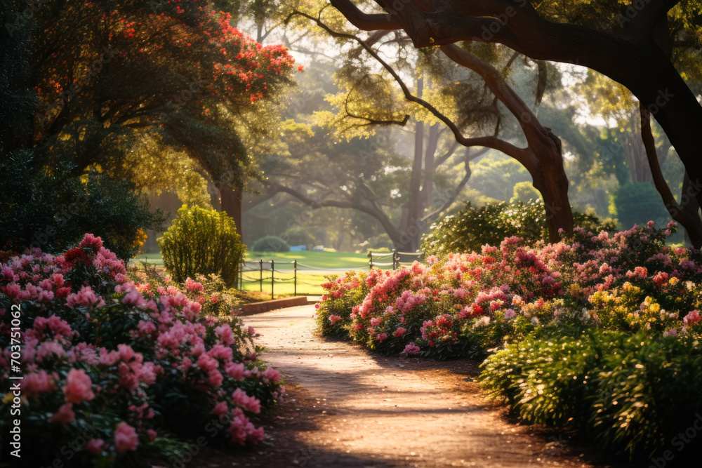 Sunlit Path Through Blooming Garden Park.