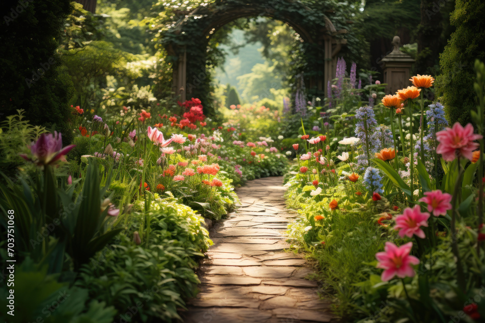 Sunlit Path Through Blooming Garden Park.