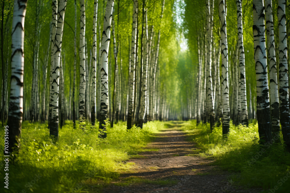 Naklejka premium Birch Trees Pathway in Lush Forest.