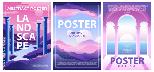 A set of abstract landscape poster in retrofuturism style. Retro wave and cyberpunk. Template design for Y2k events. Purple and pink cover photo