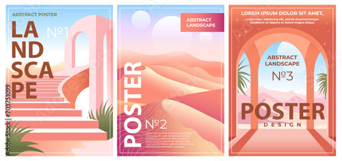 Set of Abstract landscape poster. Terracotta colors. Desert, architecture, dunes. Vector illustration