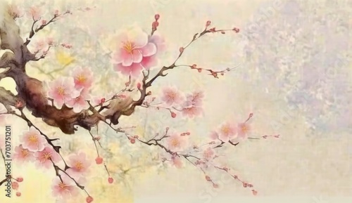 Cherry Blossom Serenity. Chinese Landscape Painting Infused with the Elegance of Blossoming Trees, a Captivating Print Artwork.