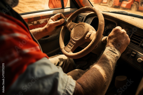 Rugged Hands Steering Dusty Off-road Vehicle.