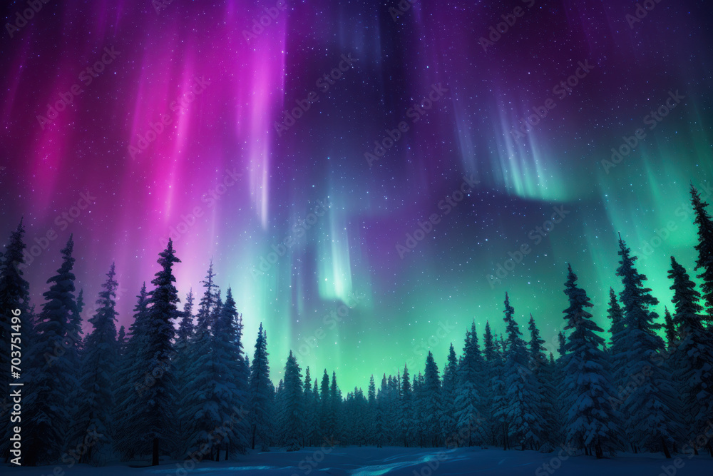 Aurora Borealis Over Snowy Winter Forest.