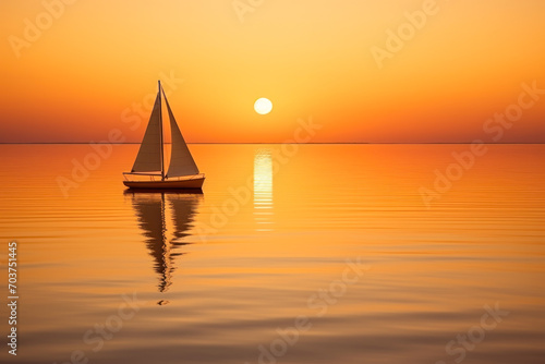 Sailing Boat at Sunset on Calm Sea.