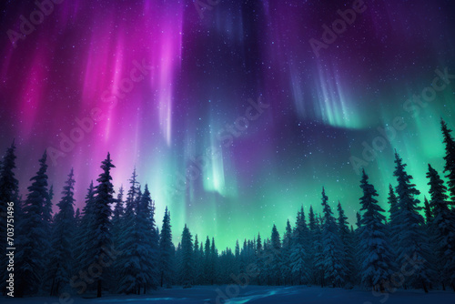 Aurora Borealis Over Snowy Winter Forest.