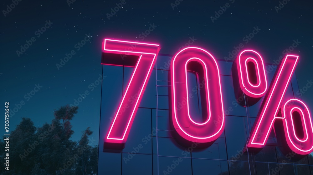 Huge neon sign 70 percent. Glowing sale light advertising. Theme of discount and commerce Huge neon sign 70 percent. Glowing sale light advertising. Theme of discount and commerce