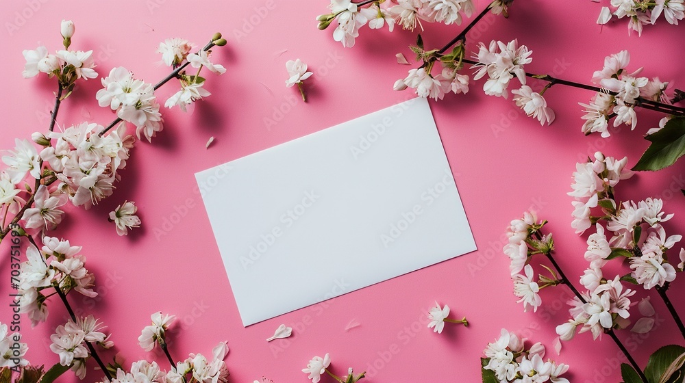 White blank greeting card on the pink background with flowers, love letter White blank greeting card on the pink background with flowers, love letter
